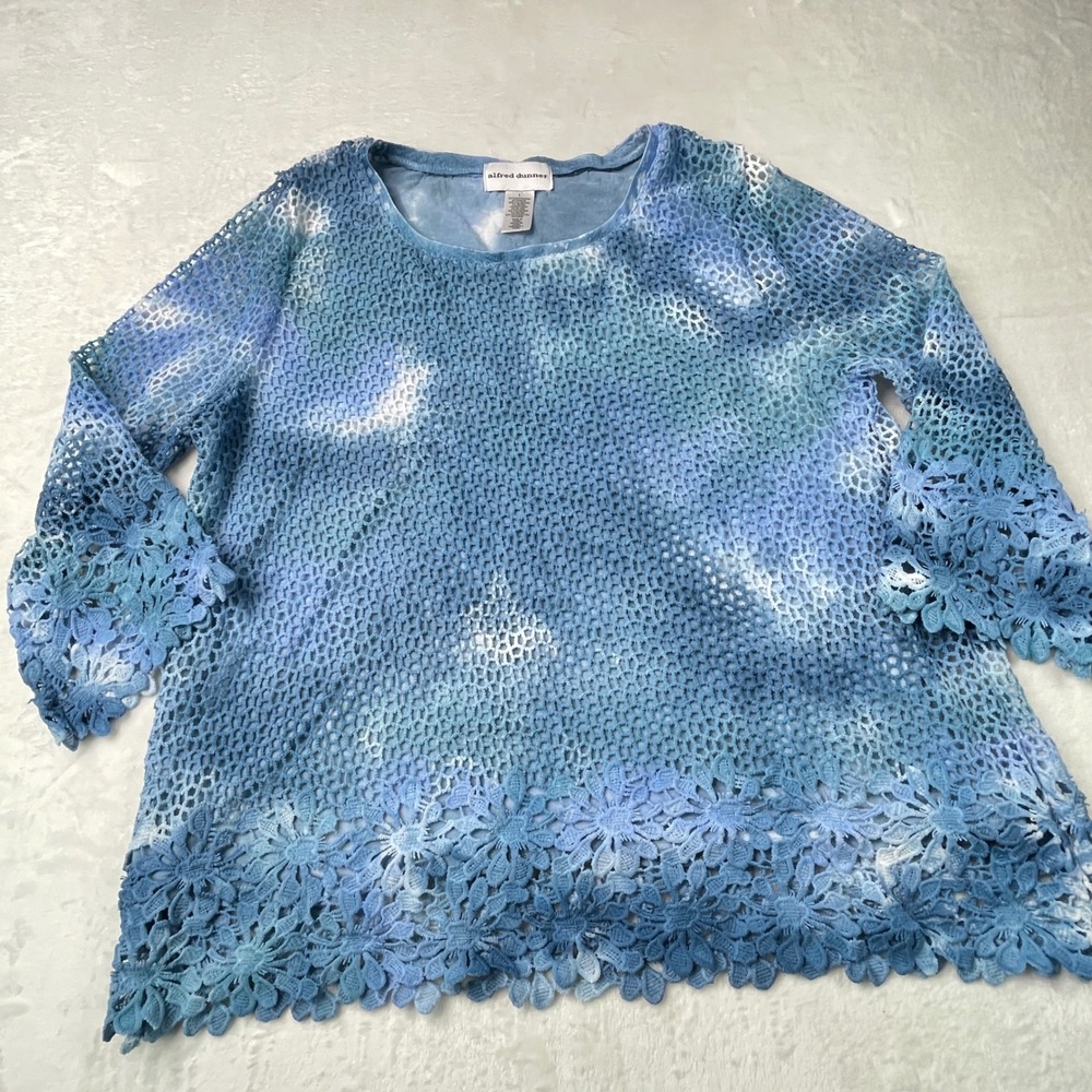 Alfred Dunner Blue Tie Dye Crochet Lace Trim Top Large Floral Boho Coastal